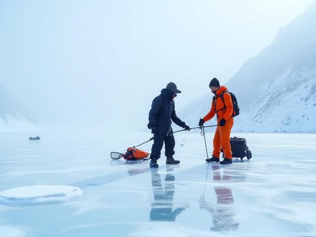 Guided expedition team on frozen lake